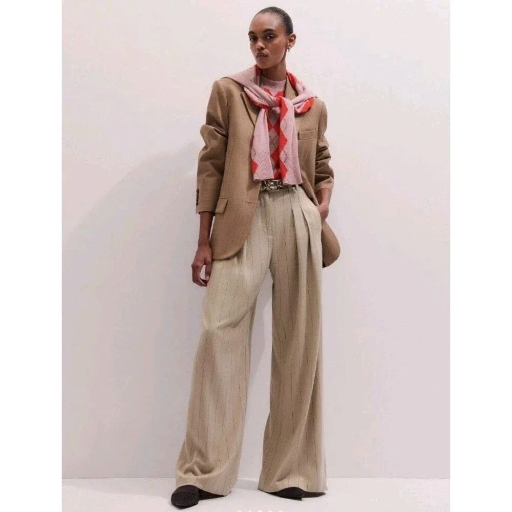 ME+EM Womens sz 14 Icon Pants Beige Italian Wool Wide Leg Pleated Trousers